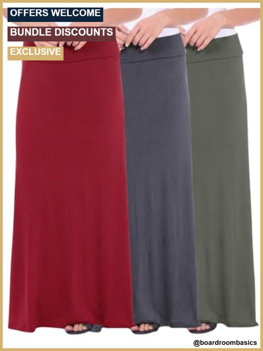 Womens Flowy A-Line Maxi Skirt Rayon Spandex Fold Over Waist 3 Pack